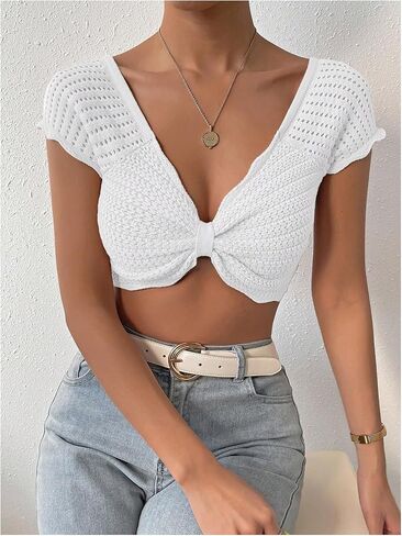 Verdusa Women's Ruched V Neck Cap Sleeve Scalloped Knit Sweater Top in Saudi Arabia