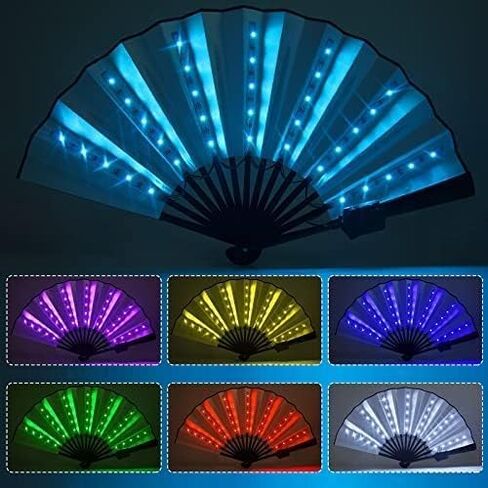 12V10 بوصة (طول 60 * 30 سم، 93 جم) مع سلك مخفي LED مروحة يد صينية قابلة للطي أداء مسرحي وحفلات أعياد الميلاد وحفلات الزفاف وديكور المنزل وملهى ليلي مروحة دعامة ضوء الفلورسنت (أزرق) in Saudi Arabia
