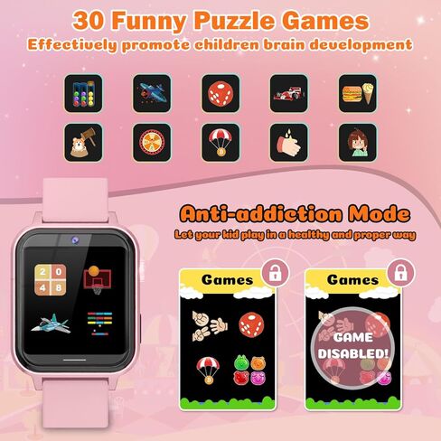 Kids Smart Watch, Smart Watch for Girls 3-14 Year Old, 30 Puzzle Games, Touch Screen, HD Camera, Music Video Toy with Flashlight, Educational Toys Birthday Gifts for Girls Boys Ages 7 8 9 10 Pink in Saudi Arabia