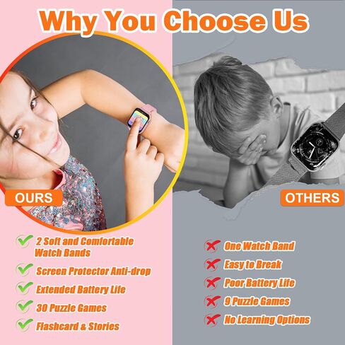 Kids Smart Watch, Smart Watch for Girls 3-14 Year Old, 30 Puzzle Games, Touch Screen, HD Camera, Music Video Toy with Flashlight, Educational Toys Birthday Gifts for Girls Boys Ages 7 8 9 10 Pink in Saudi Arabia