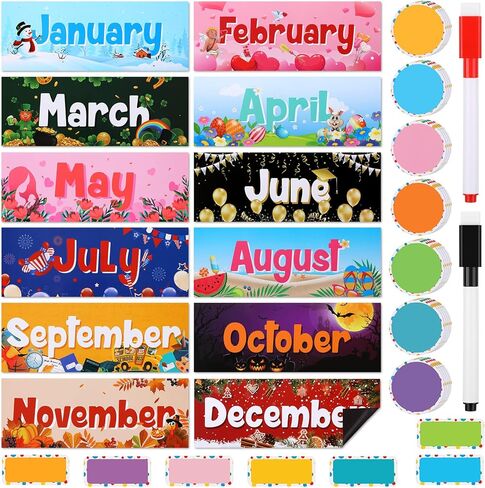 Geyee 52 Pcs Magnetic Holiday Monthly Headliners Include 12 Months of The Year Headers Seasonal Bulletin Board Border 31 Writable Round Confetti Accents 7 Rectangle Label(Boho) in Saudi Arabia
