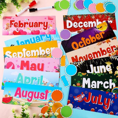 Geyee 52 Pcs Magnetic Holiday Monthly Headliners Include 12 Months of The Year Headers Seasonal Bulletin Board Border 31 Writable Round Confetti Accents 7 Rectangle Label(Boho) in Saudi Arabia