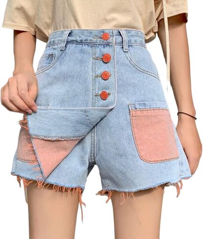 المرأة عالية الخصر خمر زر الجبهة الدنيم Skort السراويل الصيف اللون كتلة جينس قصير مع جيوب in Kuwait