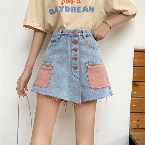 المرأة عالية الخصر خمر زر الجبهة الدنيم Skort السراويل الصيف اللون كتلة جينس قصير مع جيوب in Kuwait