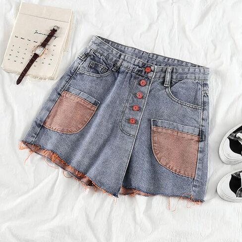 المرأة عالية الخصر خمر زر الجبهة الدنيم Skort السراويل الصيف اللون كتلة جينس قصير مع جيوب in Kuwait