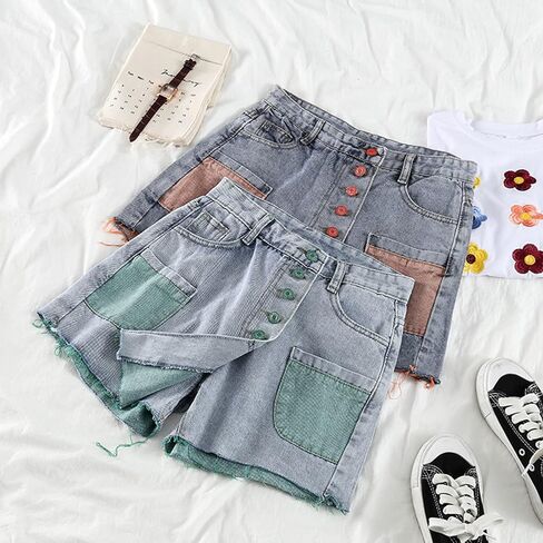 المرأة عالية الخصر خمر زر الجبهة الدنيم Skort السراويل الصيف اللون كتلة جينس قصير مع جيوب in Kuwait