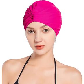 Fabric Swimming Cap for Women Pleated Swimming Hat Swim Turban for Long Hair Chemo Cap Turban Cancer Headwear for Hair Loss Soft Stretch Swimming Pool Hat Skull Cap Sleep Cap Bathing Shower Cap