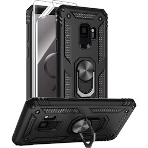 Androgate for Samsung Galaxy S9 Case with HD Screen Protectors, Military-Grade Metal Ring Holder Kickstand 15ft Drop Tested Shockproof Cover Case for Samsung Galaxy S9 (2018), Black