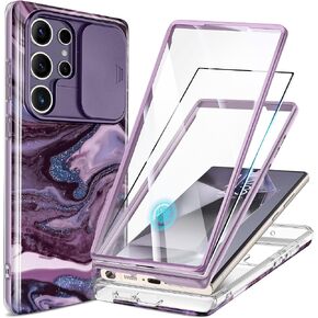 GVIEWIN for Samsung Galaxy S24 Ultra Case, [Slide Camera Cover & Built-in Screen Protector] [2 Front Frame] Military Grade Shockproof Marble Phone Case Cover 6.8" (Quicksand/Purple)