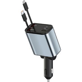 Retractable Car Charger 4 in 1, Fast Charging Car Phone Charger 66W, 180°Rotary Adapter with 2 Cables+2 Ports Cigarette Lighter USB C Charger for Apple iPhone 15 Pro/Samsung/Android/Pixle