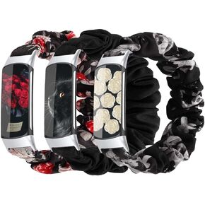 Scrunchie bands Compatible with Fitbit Charge 5 Band,For Women,Replacement Strap,Large Small,Elastic Fabric Pattern Wristbands Soft Cloth watch band For Charge 5