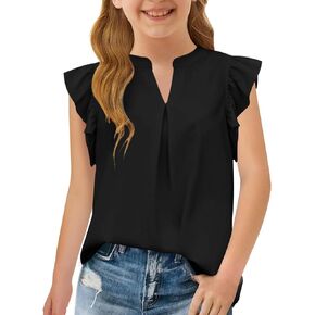 Haloumoning Girls Summer T Shirts Kids Fashion V Neck Ruffle Short Sleeve Tops Blouse 5-14 Years