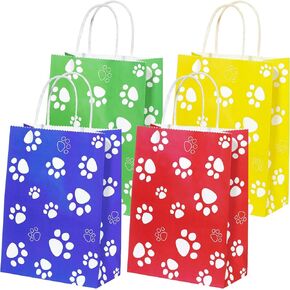 Capoda 24 Pcs Dog Print Bags with Handle 8.7 x 6.3 x 3.2 Inch Paw Party Paper Bags Red Green Yellow Blue Goodie Bags Puppy Gift Bags Bulk for Dog Cat Birthday Pet Party Favor Supplies