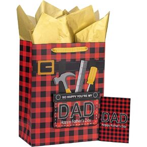 Loveinside Black and Red Plaid Father's Day Gift Bag with Tissue Paper and Greeting Card for Fathers Day, Party, and More - 13" x 10" x 5", 1 Pcs