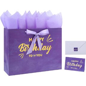 16.5" Extra Large Purple Painting Gift Bag Set with Greeting Card and Lavender Tissue Papers (Gold Foil Happy Birthday) for Women's Birthday Party, Girls' Birthday Parties, Baby Shower, Baby Girl - 16.5"x5.5"x12.6", 1 Pcs.
