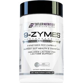 Cutler Nutrition 9-Zymes Digestive Enzyme Supplement: Contains Bromelain, Protease, Lipase, Lactase & More to Help Reduce Bloating, Improve Absorption and Reduce Gas, 120 Servings/Capsules