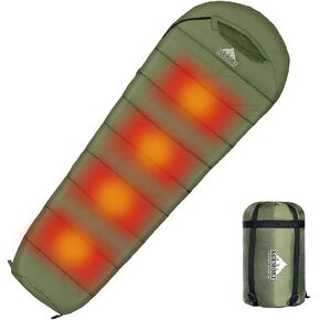 Mummy Sleeping Bag with Composite Fiber Heating Plate, Compression Sack for 3-4 Season Lightweight, Water Resistant & Warm for Camping, Hiking, Traveling and Outdoors（Power Bank NOT Included） in Kuwait