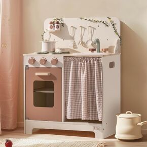 ROBOTIME Kids Play Kitchen Set - Rustic Wooden Kitchen Sets, Pretend Play Kitchen with Leaf Light String, Apron, and Groves, for Toddlers 3+ (Rustic Style)