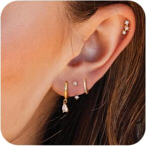 FIBO STEEL 14K Gold Plated Earring Sets for Women Dainty Stud Huggie Hoop Earrings for Multiple Piercing Hypoallergenic Small Hoop Dangle Earrings Cartilage Earring Set