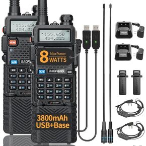 BAOFENG UV-5R 8W Ham Radio UV5R Long Range Dual Band 3800mAh Rechargeable Extended Battery Walkie Talkies for Adults Handheld Portable 2 Two Way Radio Full Kit for Hunting Survival Gear,2Pack