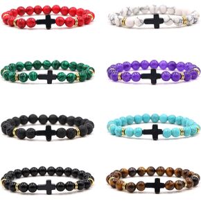 Yelsky 8pcs Cross Bracelet Cross Cross Bracelet for Women Beaded Bracelet for Men Adjustable Natural Lava Stone Stone Cross Rock Stretch Bracelet Set Essential
