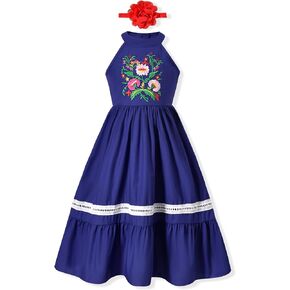 fioukiay Girls Mexican Floral Embroidered Dress Halter Neck Sleeveless Ruffle Party Long Maxi Dresses