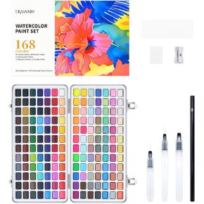 Watercolor Paint Set, 168 Vivid Colors with Regular, Macaron, Metallic & Fluorescent Colors, Travel Watercolor set including Palette, Water Brush Pens, Art Supplies Kit Great for Artists, Beginners
