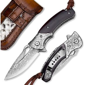 outdoor folding pocket knives with sheath,handmade japanese vg10 damascus steel,rosewood handle,pocket clip for carving camping paring