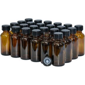 GlassBottleOutlet (24 Pack) 1 oz. Amber Boston Round with Black Poly Cone Cap