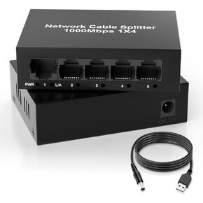 1000Mbps Ethernet Splitter 1 in 4 Out, 5 Port Ethernet Splitter with USB Power Cable Adapter for Cat7/Cat6/Cat5e/Cat5, Gigabit Ethernet Switch 1 to 4 Out Plug and Play Silent Operation