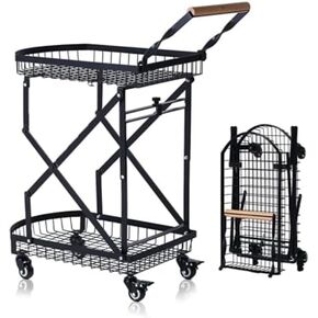Multi Functional Collapsible Carts, 2-Tier Foldable Storage Cart Metal Utility Cart with 360° Rolling Swivel Wheels Folding Kitchen Storage Organzier Cart for Classroom Bedroom Living Room