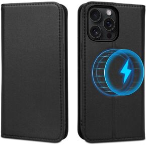 Wallet Case for iPhone 15 Pro 6.1", Genuine Leather Flip Folio Book Case Compatible with Magsafe, RFID Blocking Magnetic Card Holder Kickstand Protective Cover Men Women for iPhone 15 Pro 2023 - Black