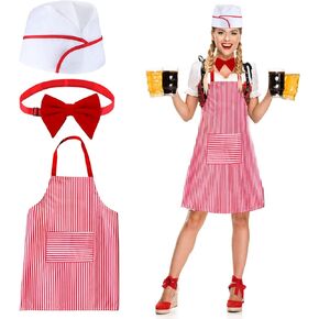 Retro Waitress Costume Kit-Carhop Costume Set-Including 3 Pieces Hat Apron Bow Tie For Halloween Women Costume