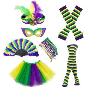 7 Pcs Mardi Gras Costume Accessories Outfit, Masquerade Carnival Rave Party Outfits Accessories for Women