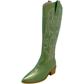 getmorebeauty Women's Western Boots Knee High Boots Cowboy Cowgirl Boots Chunky Heel Embroidered Pointed Toe Slip On Fashion Chevalier Boots
