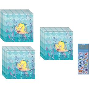 The Little Mermaid Ariel Party Supplies Bundle Pack includes 48 Lunch Paper Napkins and 1 Dinosaur Sticker Sheet