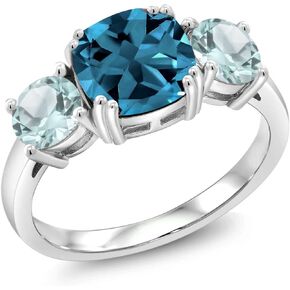 Gem Stone King 925 Sterling Silver London Blue Topaz and Sky Blue Topaz 3 Stone Engagement Ring For Women (3.74 Cttw, Gemstone November Birthstone, Cushion 8MM, Available in Size 5,6,7,8,9)