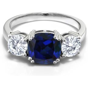 925 Sterling Silver Created Sapphire and Forever Classic Moissanite From Charles & Colvard 3 Stone Engagement Ring For Women (3.50 Cttw, September Birthstone, Cushion 8MM, Available in Size 5,6,7,8,9)