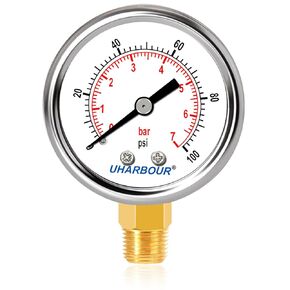 Pressure Gauge 1/4 NPT 0-100 Psi 2" Dial Stainless Steel Case, 1/4 NPT Lower Mount Pressure Gauge