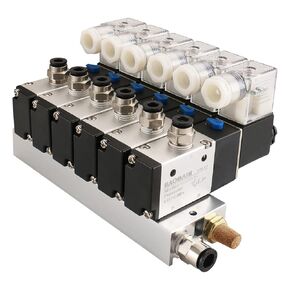 Baomain 6 Space Pneumatic Solenoid Valve 3V210-08 12VDC PT1/4 2 Position 3 Way Manifold with Base Muffler Quick Fittings Set