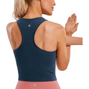 CRZ YOGA Womens Seamless Ribbed Longline High Neck Sports Bra - Racerback Padded Slim Fit Crop Tank Top with Built in Bra French Navy Small