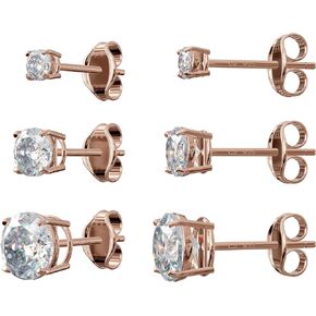 Rose Gold Studs, 925 Sterling Silver, Cubic Zirconia, Rose Fold Platted 3 Pack 4MM/5MM/6MM