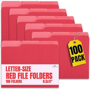 1InTheOffice Red File Folders Letter Size 1/3 Cut, Red Folders,100/Pack