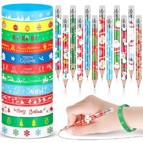 Sabary 48 Pcs Christmas Pencils Silicone Bracelets Set Christmas Party Favors Candycane Plaid Snowman Santa Tree Snowflake Pencils Xmas Wristbands Gifts(Santa,7.48 Inch Pencil)