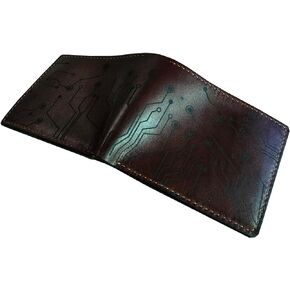 Circuit electric board pattern leather handmade bifold wallet, fullgrain leather wallet, gift for men, wallet for dad, husband