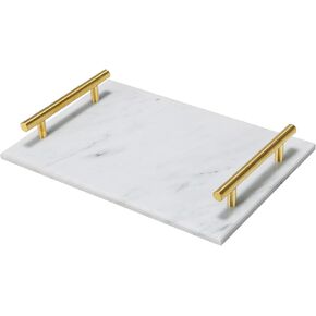 MAOPINER Marble Stone Decorative Tray Perfume Tray with Copper-Color Metal Handles Handmade Jewellery Tray Catchall Tray Trinket Tray for Counter, Vanity, Dresser, Nightstand and Desk (White)