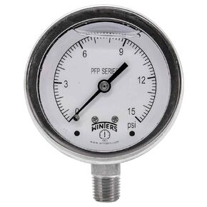 Winters PFP Series Premium Stainless Steel 304 Single Scale Liquid Filled Pressure Gauge, 0-15 psi, 2-1/2" Dial Display, +/-1.5% Accuracy, 1/4" NPT Bottom Mount