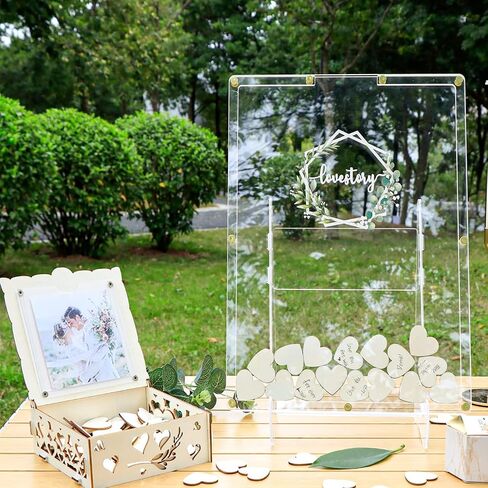 AerWo Wedding Guest Book Alternative, Guest Book Wedding Reception, Acrylic Guest Book Drop Box with Stand, Plywood Box, 100 Wooden Hearts and Marker Pen, Wedding Signs for Ceremony and Reception in Saudi Arabia