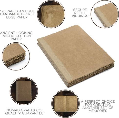 Vintage Paper Refills - 120 Pages of Antique Handmade Deckle Edge Vintage Paper – Refillable Vintage Leather Journal, Book of Shadows Journal, Writing Journal, Sketchbook (8.3" x 5.8" – A5) in Saudi Arabia