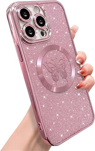 for iPhone 15 Pro Max Case Magnetic,for Women Girl Soft Cute Luxury Butterfly Pattern Plating Glitter Bling Phone Case Compatible with MagSafe Clear Shockproof Back Cover 6.7"-Pink in Saudi Arabia